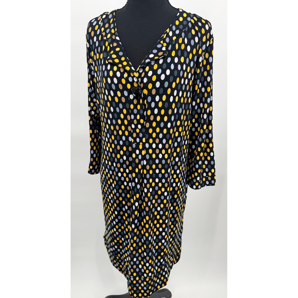 Chico's Polka Dot Shift Dress Women Size 1 Black Yellow Excellent 3/4 Sleeve